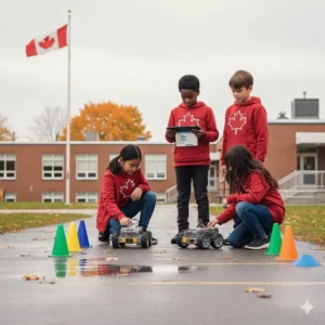 A group of kids in maple-leaf branded hoodies testing rugged coding robots for kids on a paved schoolyard path in Ottawa.