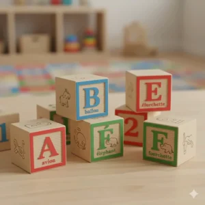 Wooden alphabet blocks for Canadian toddlers showing dual English and French letters for early language development.