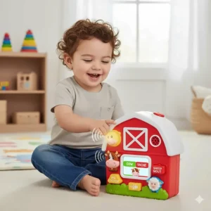 A farm animal toy that plays sounds and identifies animals in English and French for bilingual learning in Canada.