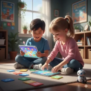 A child using a tablet and physical tiles for an augmented reality coding game, highlighting modern coding toys for 5-year-olds available in Canada.