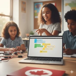 A child-friendly coding interface for an Arduino starter kit showing bilingual programming blocks in English and French.