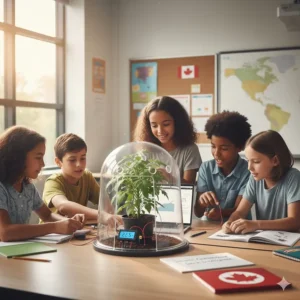 Illustration of an Arduino starter kit for kids being used to build a smart indoor garden monitor for Canadian winter science projects.