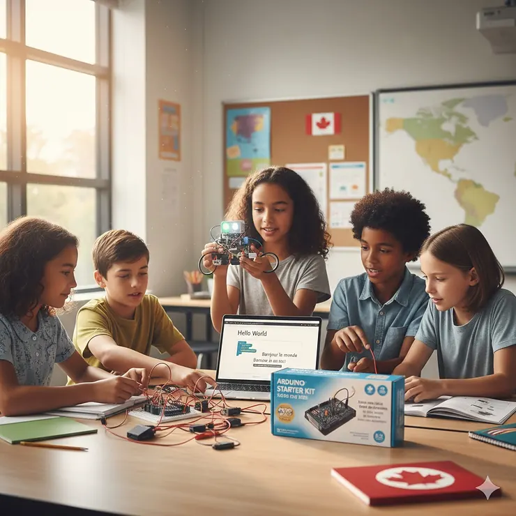 Diverse Canadian students collaborating on a robotics project using an Arduino starter kit for kids in a modern STEM classroom.