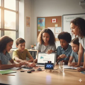 Arduino starter kit project for kids showing a digital thermometer display in Celsius for a Canadian science fair experiment.