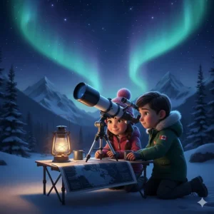 A telescope and star map of the Northern Hemisphere, part of a Canadian homeschool STEM materials collection.