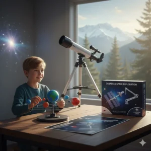 Space and astronomy science kit for kids featuring a telescope and solar system model, inspired by Canadian space exploration.