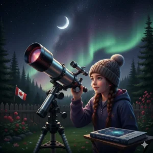 A girl looking through a telescope at the night sky, representing space-themed STEM toys for girls interested in the Canadian Space Agency.
