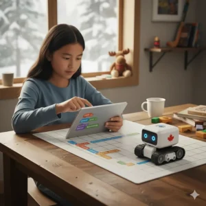 A child sitting at a kitchen table in a Canadian home using a tablet to navigate coding robots for kids across a play mat.