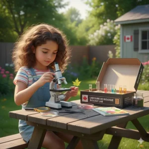 A young Canadian child using a high-quality microscope and specimen kit to study local flora and fauna.