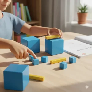 Blue and yellow base ten blocks used for teaching place value in a Canadian homeschool math lesson.