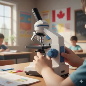 Close-up illustration of a child's hands adjusting the focus knob on a beginner-friendly microscope.