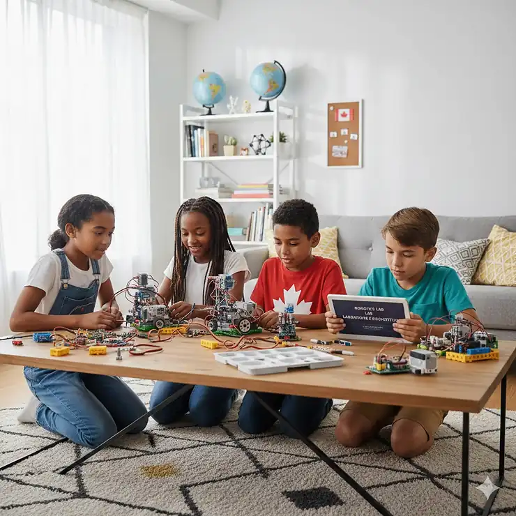 Diverse Canadian students working with robotics homeschool STEM materials in a bright living room.