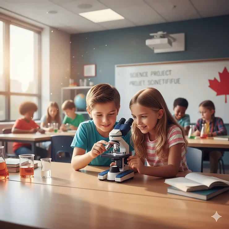 A young boy and girl in a bright Toronto classroom using a high-quality kids microscope for a science project. kids microscope canada