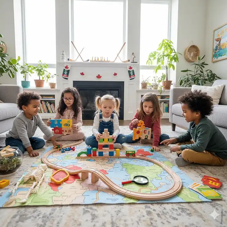 A group of Canadian children playing with diverse screen-free educational toys in a bright, modern living room.