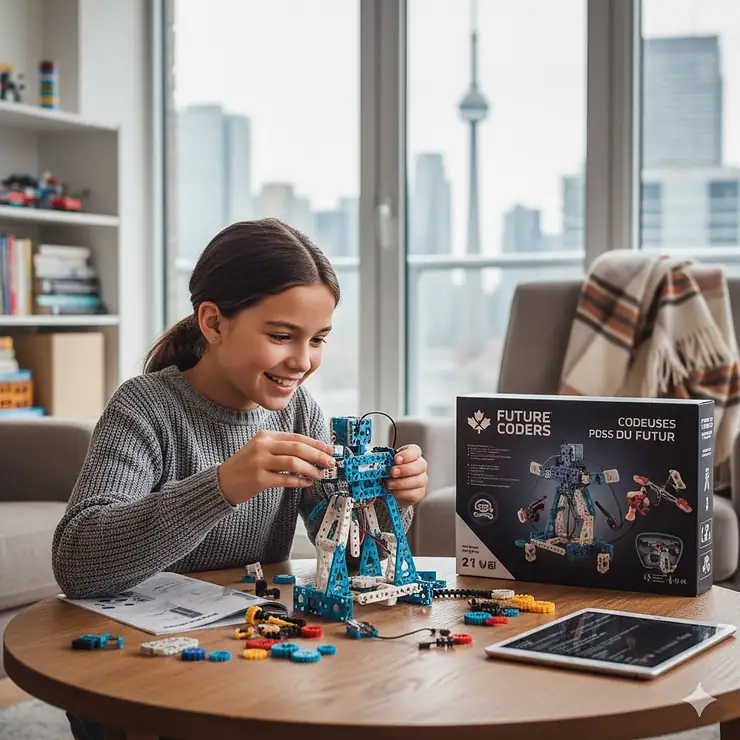 A young Canadian girl in a Toronto-inspired home setting building a complex robotics kit, highlighting top-rated STEM toys for girls available in Canada.