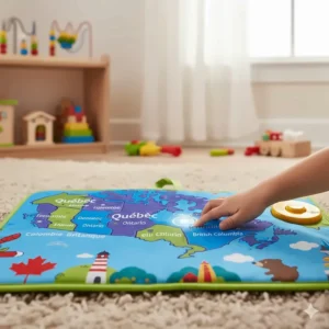 An interactive map of Canada toy designed for French learning, showing provinces and territories with bilingual English and French labels.