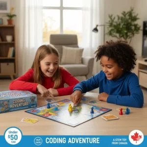 Kids' coding board game with English and French instructions, affordable STEM toy Canada under $50.