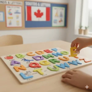 A bilingual English-French alphabet puzzle, a popular phonics learning toy for Canadian primary students.