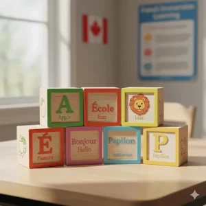 Educational alphabet blocks featuring English and French characters, suitable for Ontario French Immersion and Core French programs.