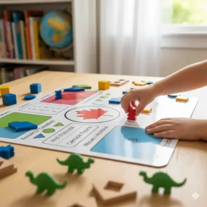 A child using math manipulatives on a bilingual English-French sorting mat for a Canadian immersion homeschool curriculum.