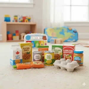 Kids play food set with bilingual English and French packaging, representing french learning toys for kids in a realistic Canadian market setting.