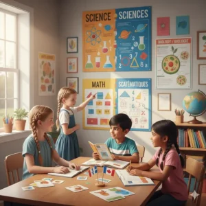 Educational posters in English and French (Science/Sciences) featuring bilingual homeschool STEM materials.