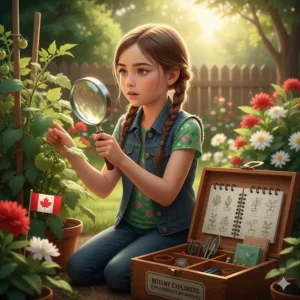 An illustration of a girl studying plant biology with a magnifying glass, focusing on nature-based STEM toys for girls.
