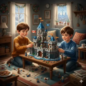 Two brothers in Montreal collaborating on large LEGO sets for boys during a winter afternoon indoors.