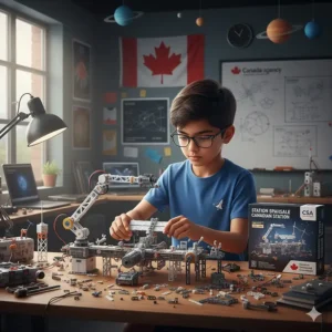 An 8 year old child building a Canadarm-inspired space station model using a mechanical engineering STEM kit.