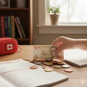 Realistic play versions of Canadian coins and five-dollar bills used as math manipulatives for homeschool financial literacy.