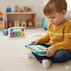 A child interacting with a Canadian French learning app on a tablet, featuring educational games and bilingual instructions for kids.
