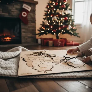 A wooden map of Canada puzzle featuring provinces and Arctic animals, perfect for educational Christmas gifting.