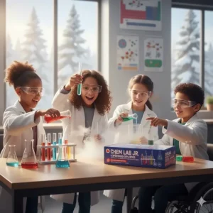 Diverse Canadian children wearing safety goggles while using a chemistry science kit for hands-on STEM learning at home.
