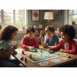 A colorful illustration of a screen-free coding board game, a top-rated STEM toy for 8 year olds in Canada.