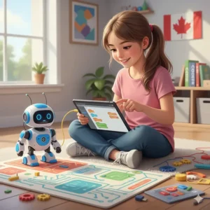 A girl using a tablet to program a small robot, showcasing interactive STEM toys for girls that teach coding skills.