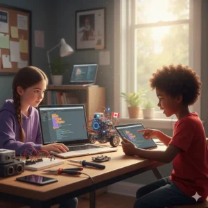 A laptop showing a coding interface next to a small robot, highlighting digital homeschool STEM materials.