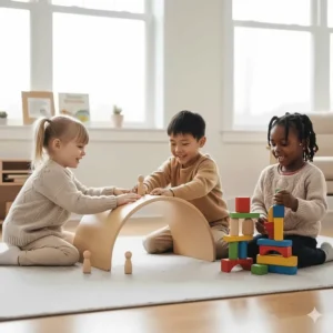 Canadian children using wooden rainbow rockers and blocks for open-ended play, highlighting the imaginative benefits of Montessori over fixed-purpose toys.