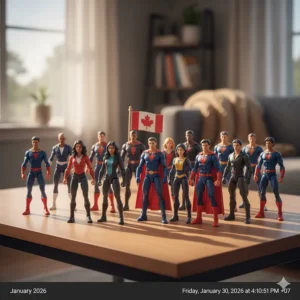 A diverse collection of superhero toys for boys representing various backgrounds, reflecting Canadian multiculturalism.
