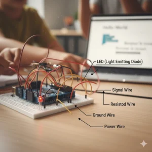 A simple, step-by-step circuit illustration for kids learning to connect their first LED with an Arduino starter kit.