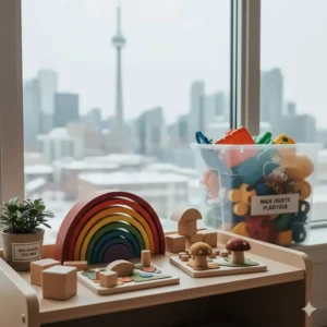 Sustainable wooden toys designed for longevity, contrasting the environmental impact of disposable traditional plastic learning toys.