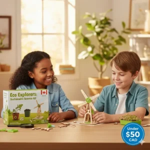 Sustainable and affordable STEM toy made from recycled materials, available for under $50 in Canada.