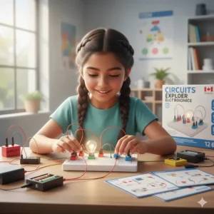 Illustration of a child safely connecting snap-together electronic circuits to power a lightbulb, illustrating STEM concepts.