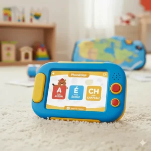 An electronic French learning tablet for children focused on phonics and pronunciation with a child-friendly interface.