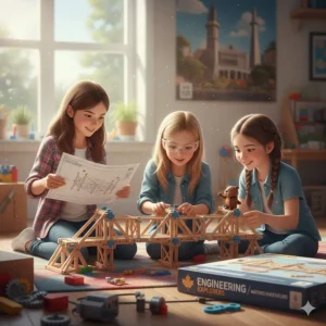 Young girls collaborating to build a wooden bridge structure using engineering-focused STEM toys for girls.