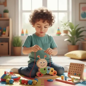 Colorful lacing and threading toys designed for screen-free sensory development and early education.