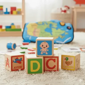 Wooden french learning toys for kids featuring alphabet blocks with French vocabulary words and colorful illustrations.