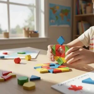 Wooden geometric pattern blocks arranged in a mosaic, a popular math manipulative for homeschool spatial reasoning.