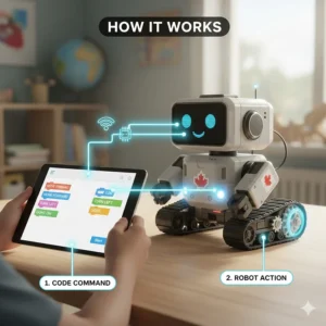 A simplified technical schematic illustrating the connection between a tablet app and a physical robot, explaining the mechanics of coding robots for kids.