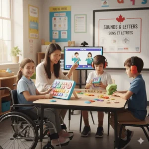 Phonics learning toys being used in an inclusive Canadian educational setting with focus on accessibility.