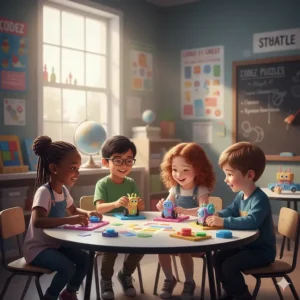 A gender-neutral coding station illustration featuring diverse children exploring logic puzzles and robotic toys at a Canadian elementary school.
